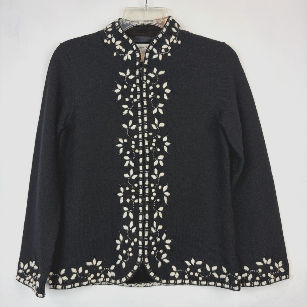 Cardigan Sweater Womens XS Petite Black Wool Embroidered Full Zip Beaded Holiday